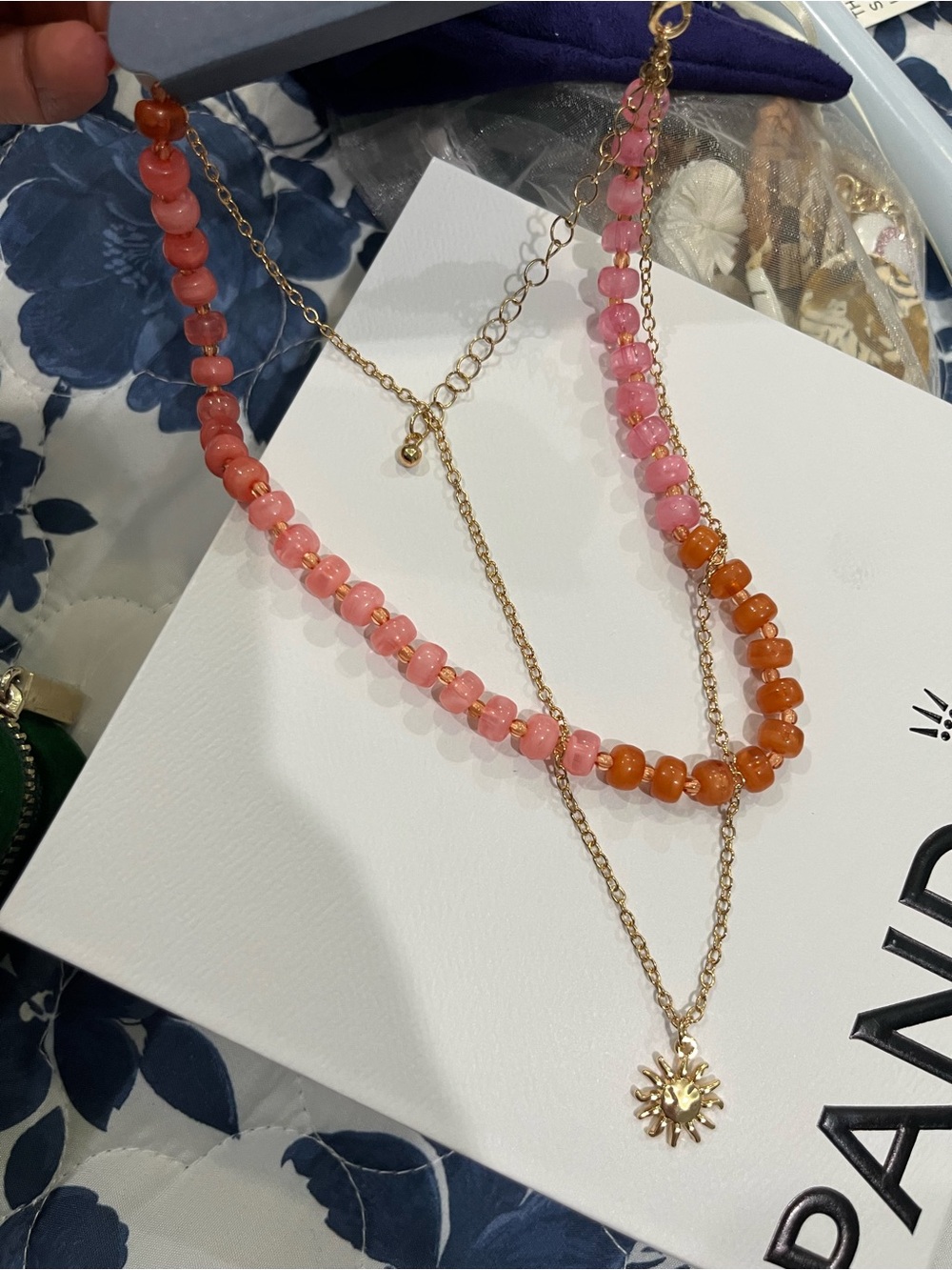 Gold Sun Pendant Layered Necklace with Pink and Orange Beads